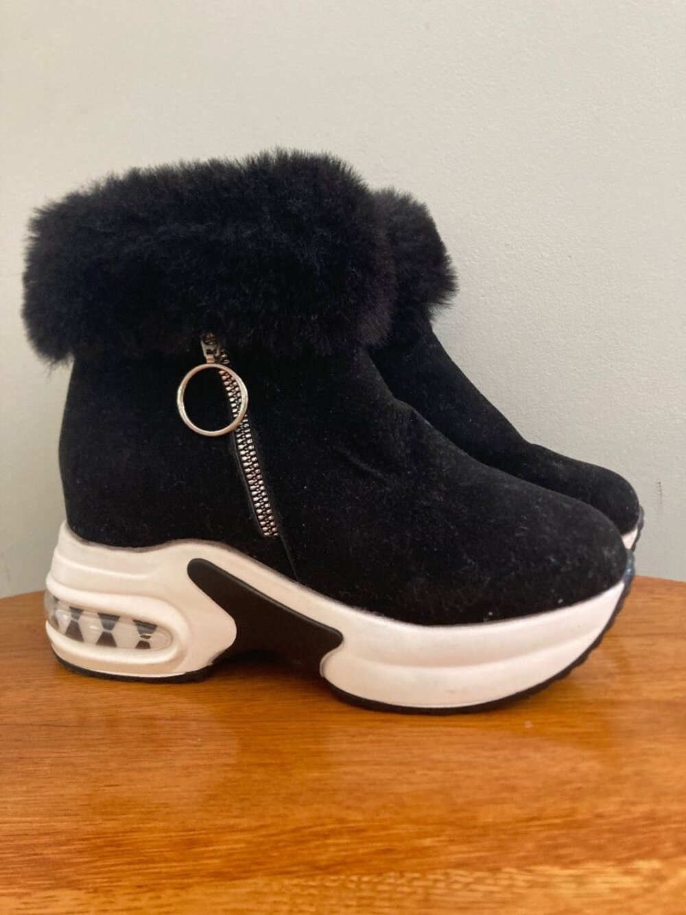 Faux Fur-Trimmed Black Wedge Ankle Boots With Air Cushion Sole Y2K, Gorpcore